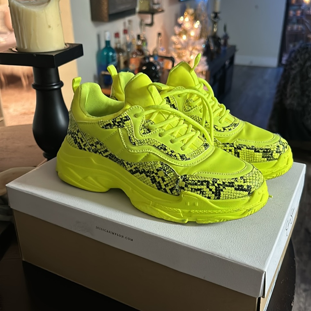 Jessica Simpson neon yellow python sneakers